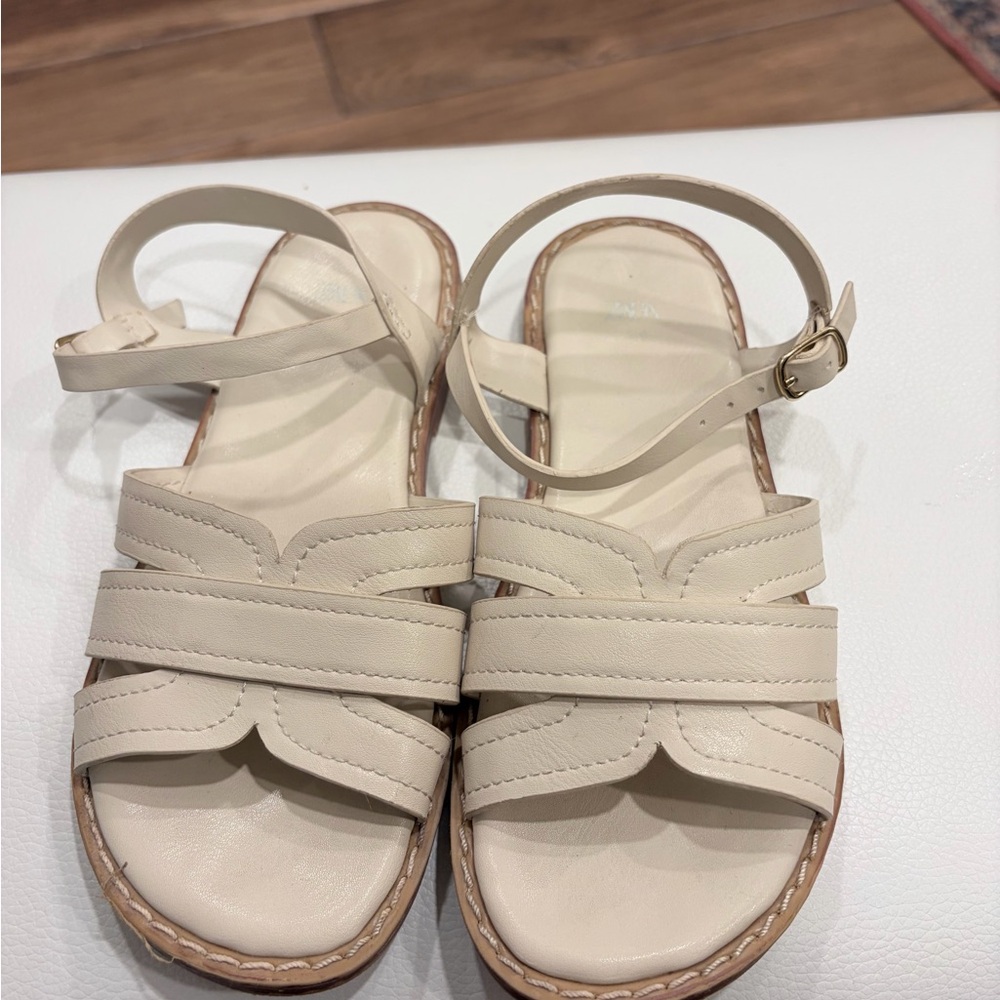 Zara Beige Leather Strappy Ankle-Buckle Sandals